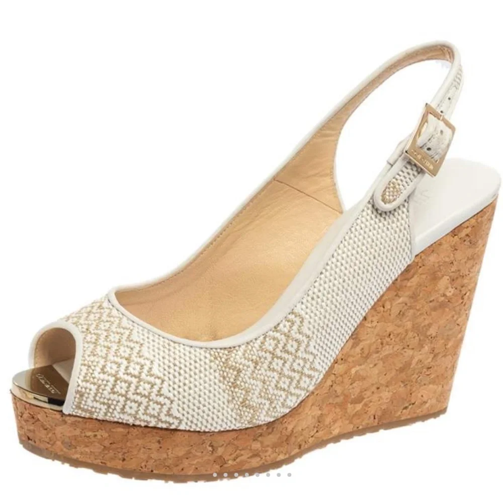 Jimmy Choo White and Natural Cork Woven Peep-Toe Wedge Sandals